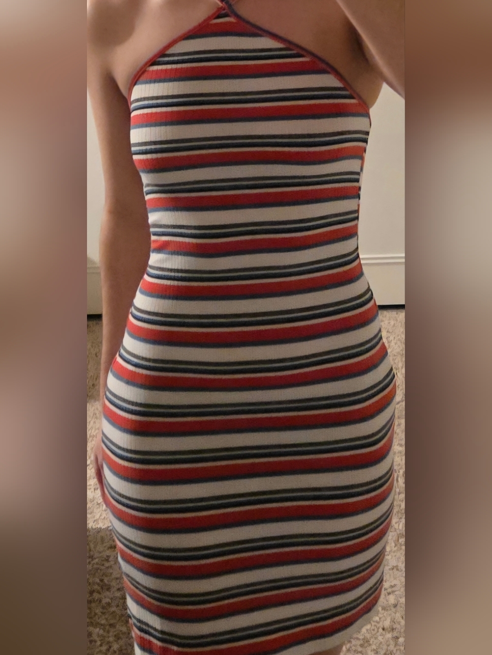 Rewind Halter Striped Bodycon Dress in Red, Black and White